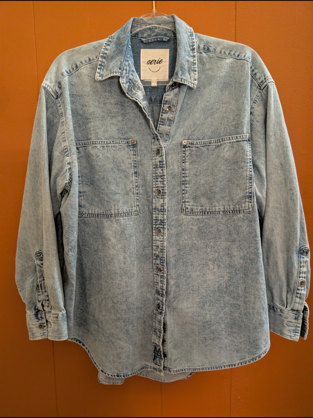 90s AERIE Light Acid Wash Oversized Denim Button Up Moto Grunge Shirt Jacket XS - Picture 5 of 15